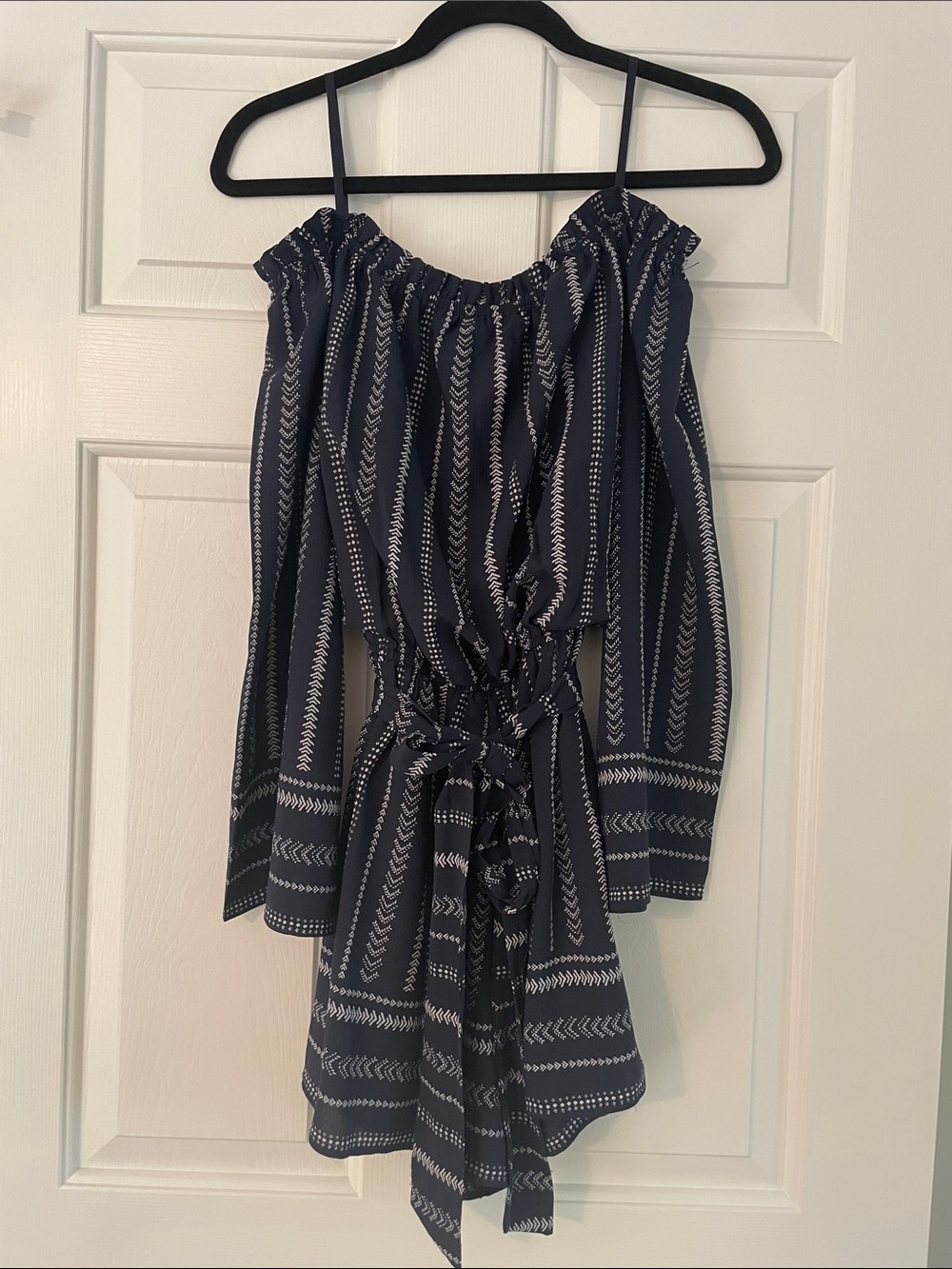 Boutique Navy and White Patterned Off The Shoulder Belted Romper